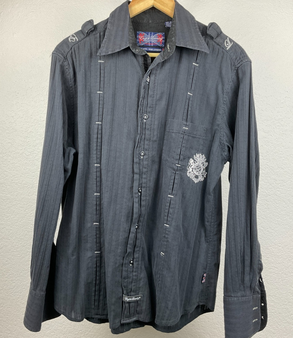 English Laundry Christopher Wicks Men M Gray Embroidered Epaulet Button Up Shirt